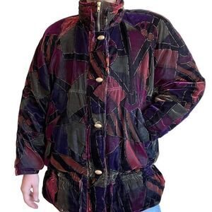 Vintage 80s Oversized Womens Velvet Jewel Toned Geometric Retro Ski Jacket Sz M